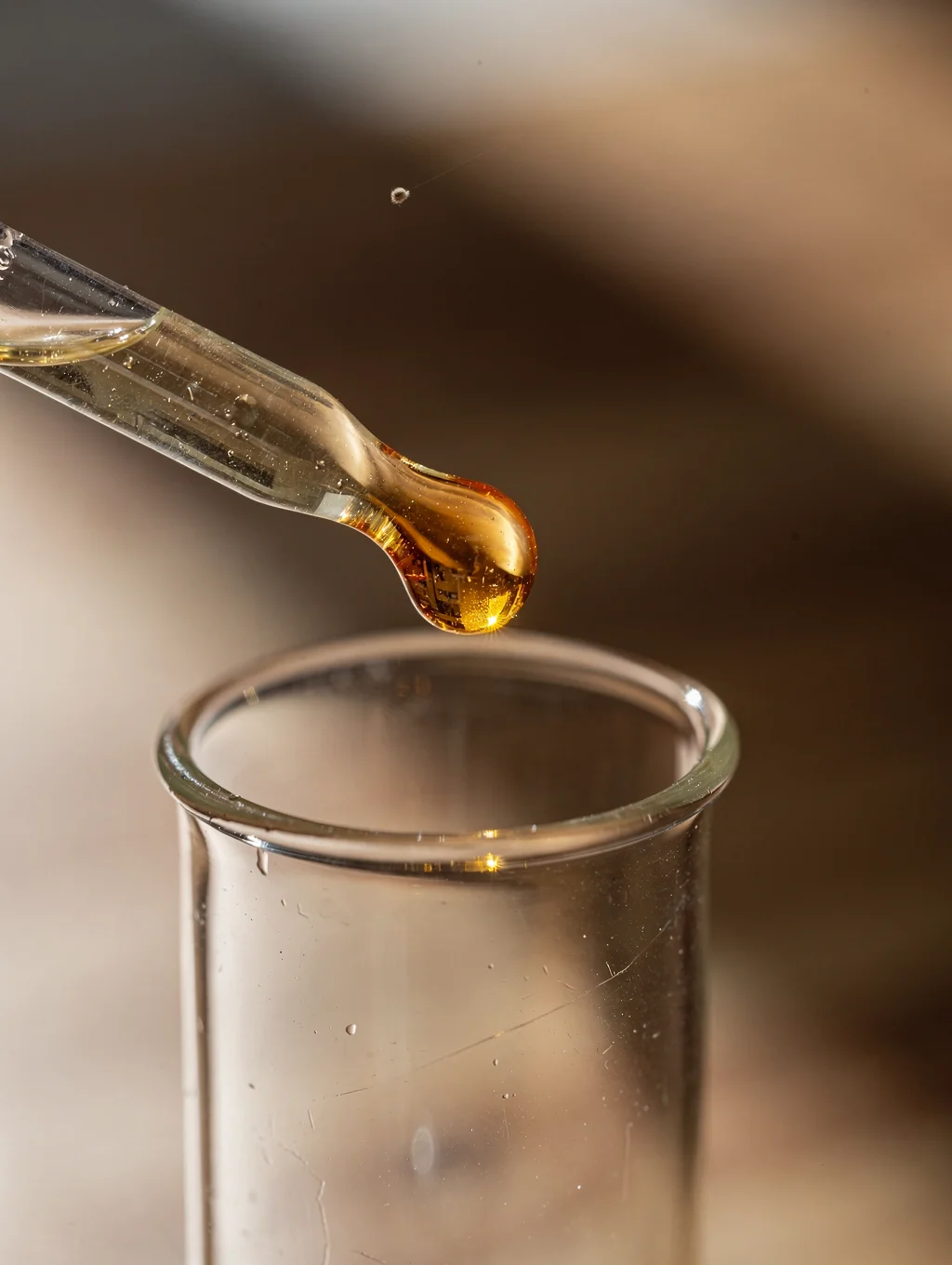 Pipette dispensing a clear, viscous serum onto clean fingertips