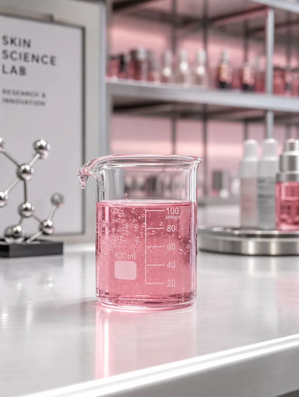 Chemist dispensing serum into a glass beaker in a bright laboratory