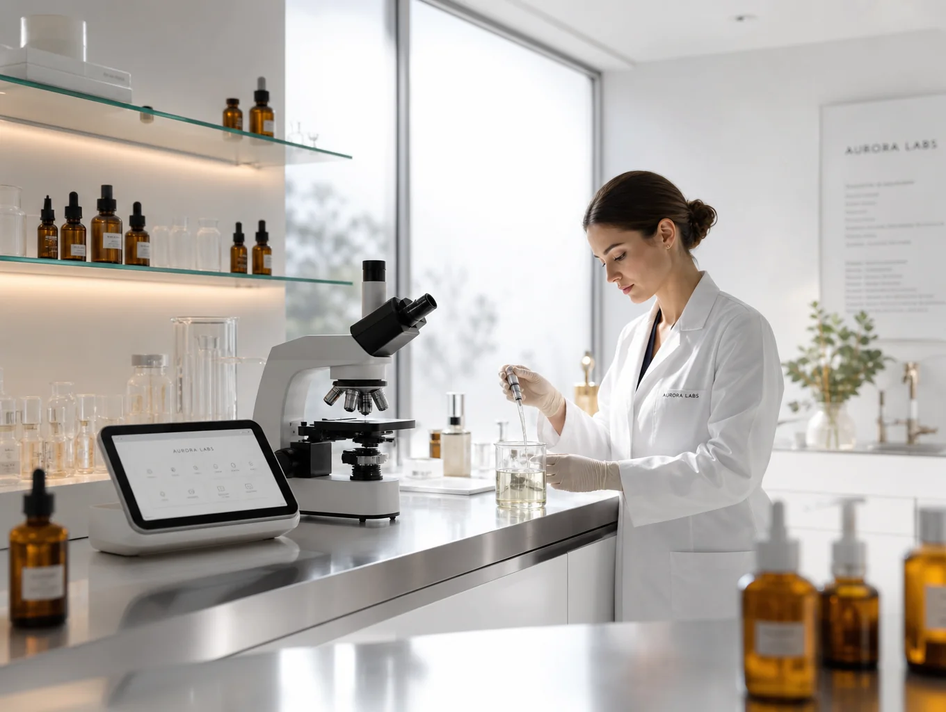 Minimalist skincare bottles arranged on a clean laboratory shelf